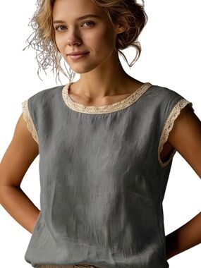 Linen Look Lace Trim Tank Top Boho Neutral Minimalist Chic